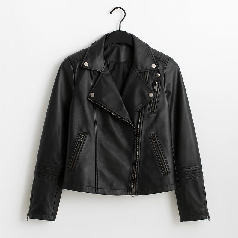 May include: A black faux leather jacket with a classic asymmetrical zip closure. The jacket features a notched collar, multiple zippered pockets, and silver-tone hardware. The sleeves have quilted detailing on the shoulders and elbows. The jacket is hanging on a black hanger.