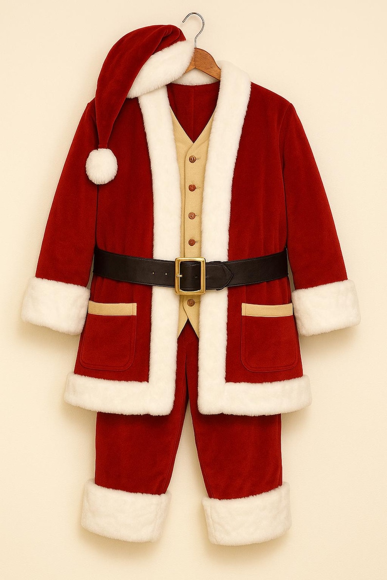 May include: A red velvet coat with white faux fur trim, a matching red hat with a white pom-pom, and red trousers with white fur cuffs. The coat features a tan vest underneath with four buttons, two front pockets, and a black belt with a gold buckle.