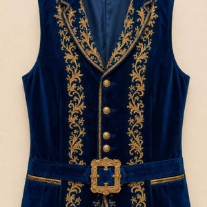 May include: A deep blue velvet vest featuring intricate gold embroidery along the lapels and front panels. The garment includes four gold-toned buttons and a matching gold-toned belt with a large, ornate rectangular buckle at the waist.