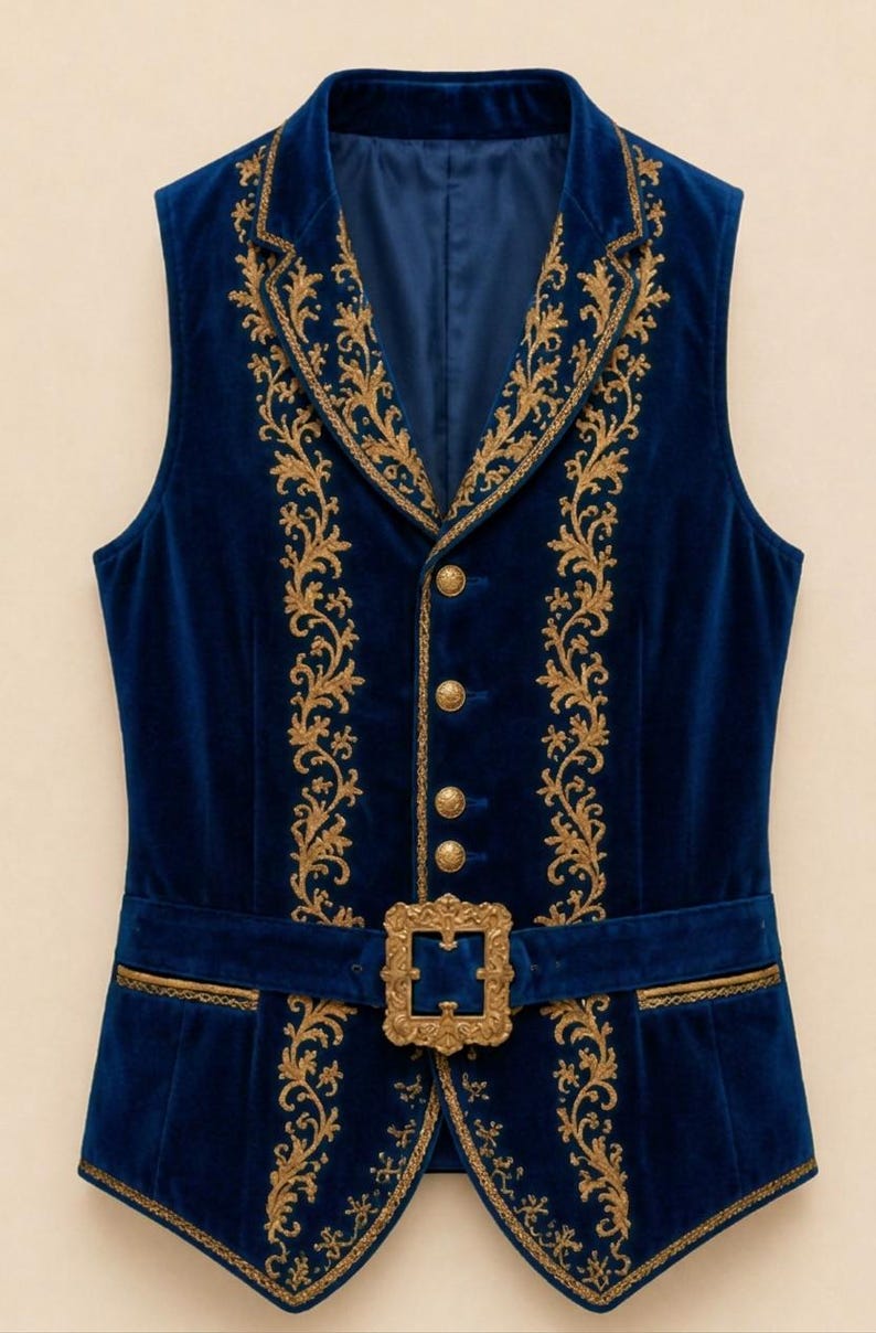 May include: A deep blue velvet vest featuring intricate gold embroidery along the lapels and front panels. The garment includes four gold-toned buttons and a matching gold-toned belt with a large, ornate rectangular buckle at the waist.