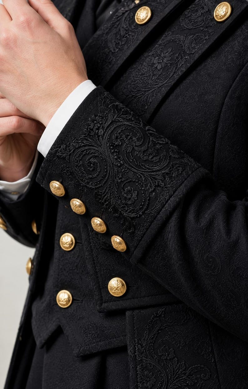 May include: A black jacket featuring intricate tonal floral embroidery on the cuffs and lapels. The garment is adorned with multiple polished gold-tone metal buttons arranged in rows along the sleeve cuffs and the front closure.