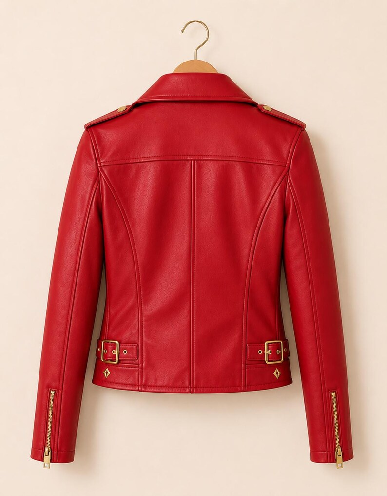 May include: A vibrant red leather jacket with a classic biker style. Features include a notched collar, shoulder epaulets, and gold-toned zippers and hardware. The jacket has a tailored fit and decorative diamond-shaped accents on the waist belt.