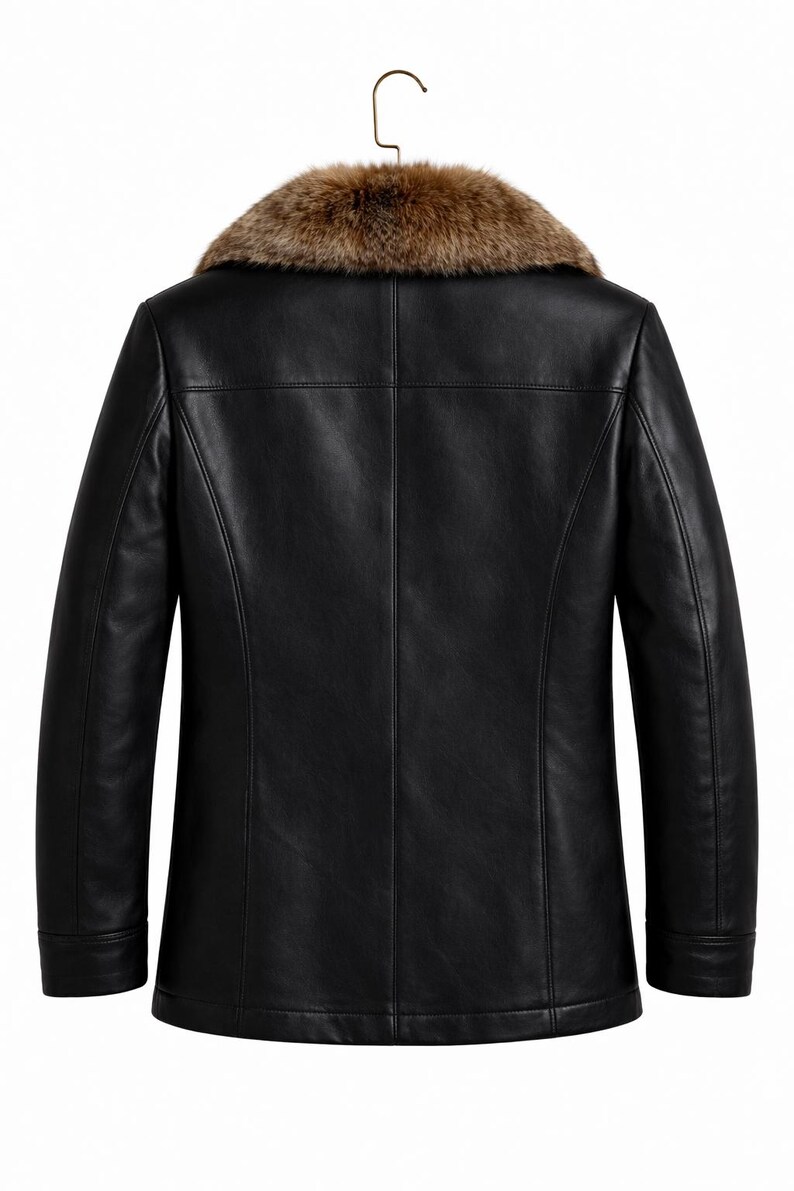 Classic Men Leather Jacket | Warm Black Winter Coat with Faux Fur Collar image 2
