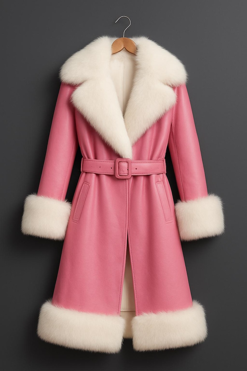 May include: A pink coat with a white faux fur collar, cuffs, and hem. The coat has a matching belt and is hanging on a wooden hanger. The coat is a stylish outerwear garment.