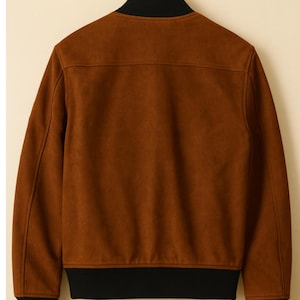 May include: A brown suede bomber jacket with a black collar, cuffs, and hem. The jacket is hanging on a wooden hanger against a neutral background. The back of the jacket is visible, showcasing the design and stitching details.