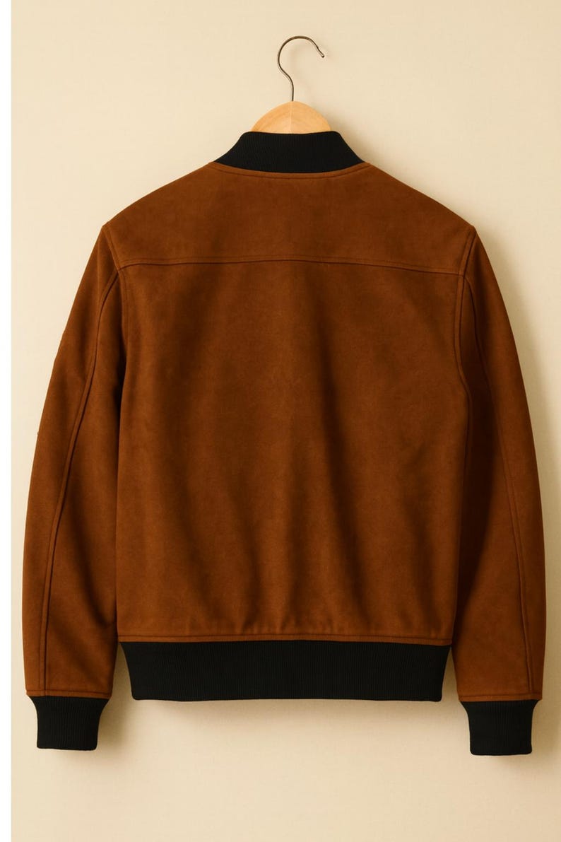 May include: A brown suede bomber jacket with a black collar, cuffs, and hem. The jacket is hanging on a wooden hanger against a neutral background. The back of the jacket is visible, showcasing the design and stitching details.