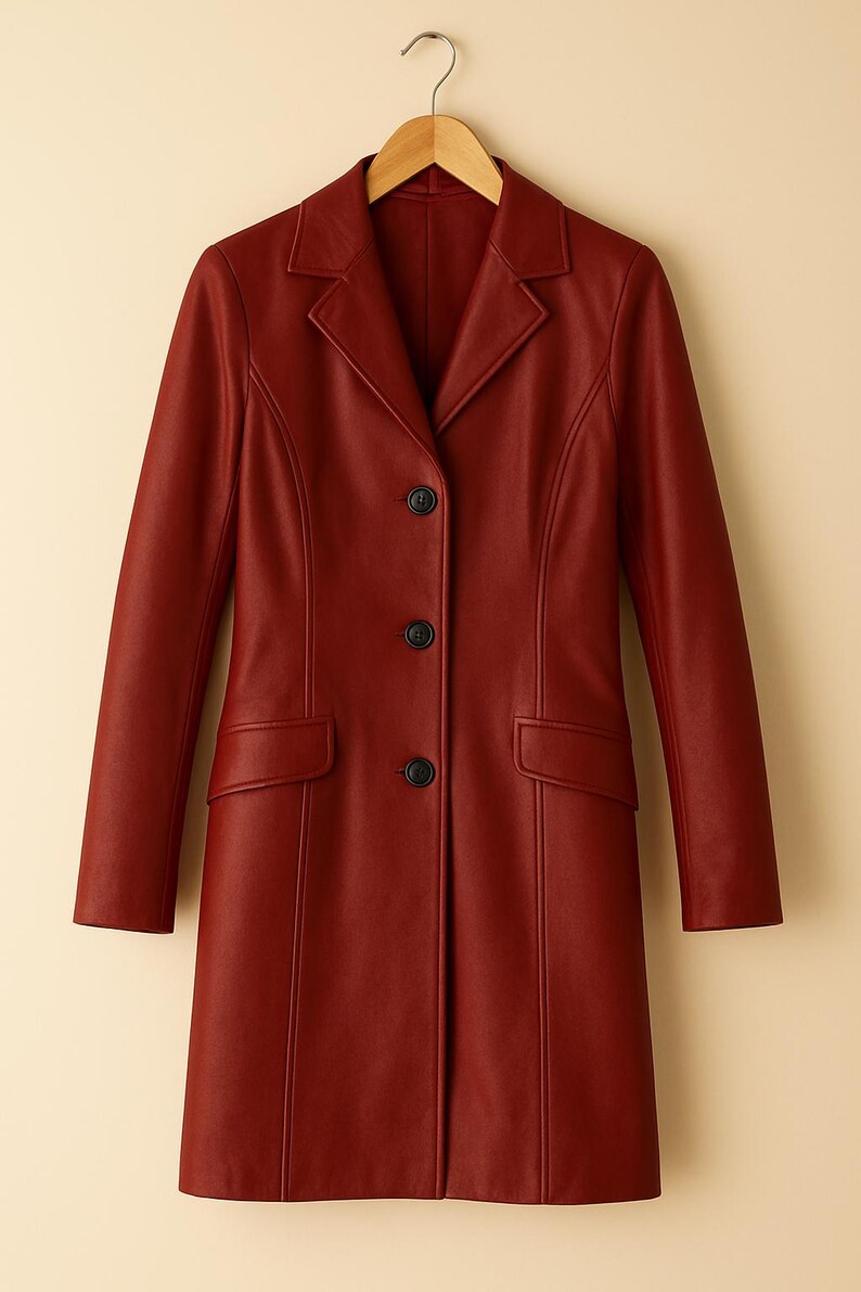 May include: A long, red coat with a classic design. The coat features a notched lapel, three black buttons, and two front pockets. The coat is hanging on a wooden hanger.