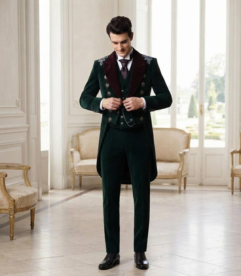 May include: A dark green velvet tailcoat suit featuring a deep burgundy velvet lapel, double-breasted button detailing, and silver embroidery on the shoulders. The ensemble includes a matching vest, trousers, a white dress shirt, and a dark tie.