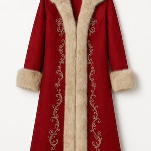 May include: A long, deep red coat featuring a thick, beige faux fur trim along the collar, front opening, cuffs, and hem. The coat is decorated with intricate, symmetrical gold-colored embroidery patterns running vertically along the front panels.