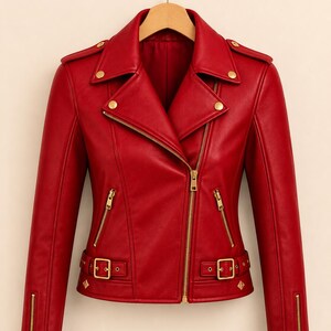 May include: A vibrant red leather jacket with a classic biker style. Features include a notched collar, asymmetrical zipper closure, multiple zippered pockets, and gold-tone hardware. The jacket has a belted waist and is hanging on a wooden hanger.