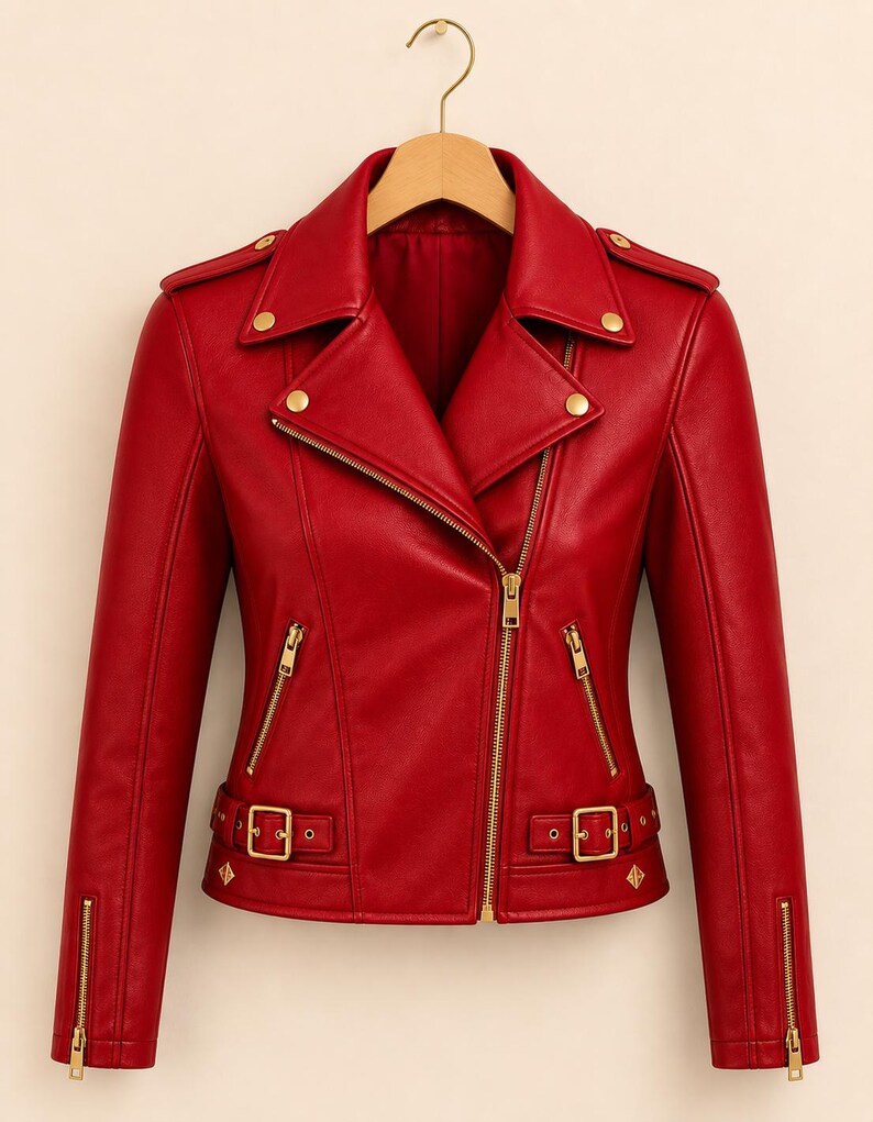 May include: A vibrant red leather jacket with a classic biker style. Features include a notched collar, asymmetrical zipper closure, multiple zippered pockets, and gold-tone hardware. The jacket has a belted waist and is hanging on a wooden hanger.