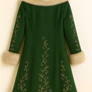 May include: A forest green coat featuring a beige faux fur collar, cuffs, and hem. The coat is decorated with gold-colored thread embroidery in a scrolling vine pattern along the center back and down the length of both sleeves.