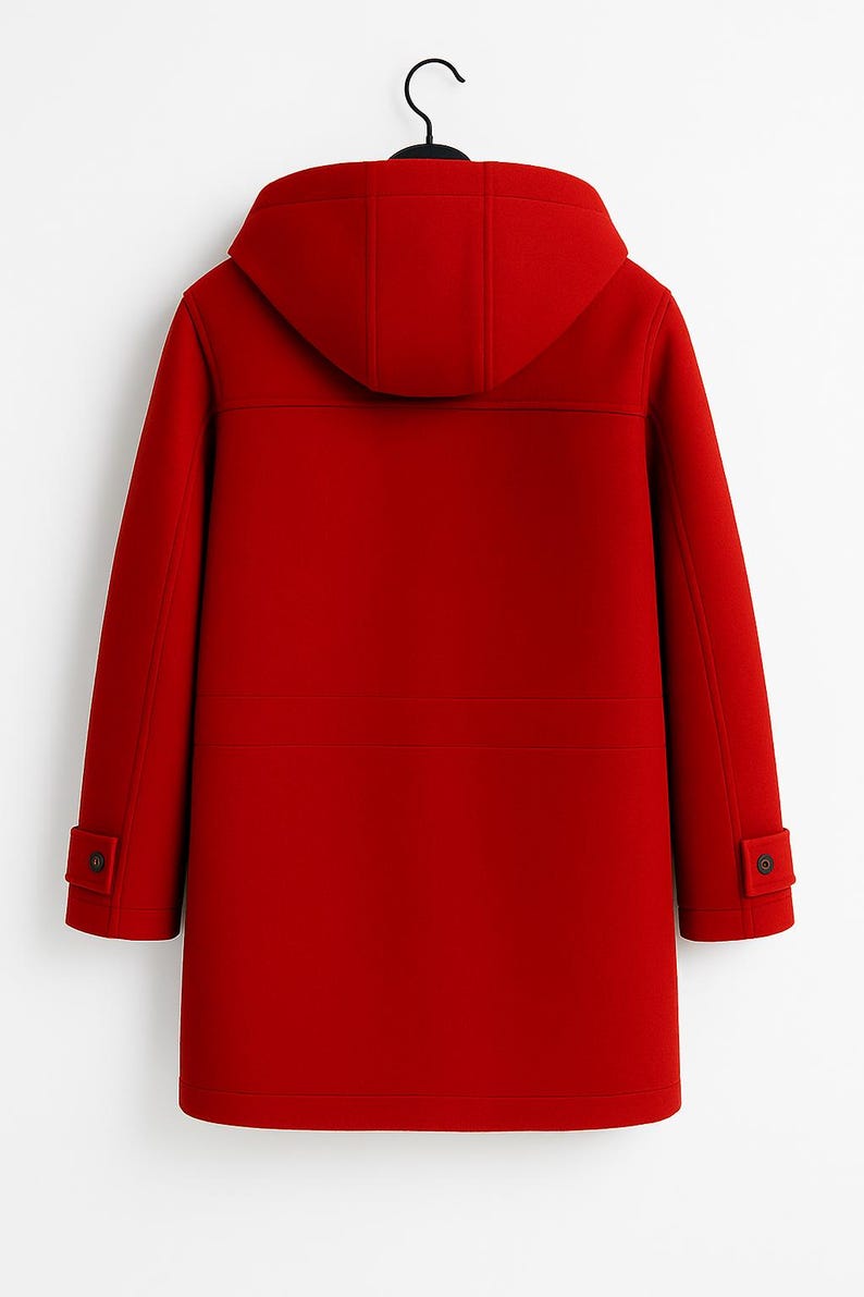 May include: A bright red hooded coat featuring a structured design with long sleeves, buttoned cuffs, and a smooth finish. The coat is displayed on a black hanger, showcasing a clean, solid-colored exterior with visible seam detailing across the back.