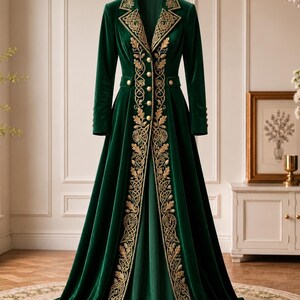 May include: A floor-length dark green velvet coat featuring long sleeves, a structured collar, and a row of gold buttons. The front panels are adorned with intricate gold embroidery depicting leaf and vine patterns that extend down the length.