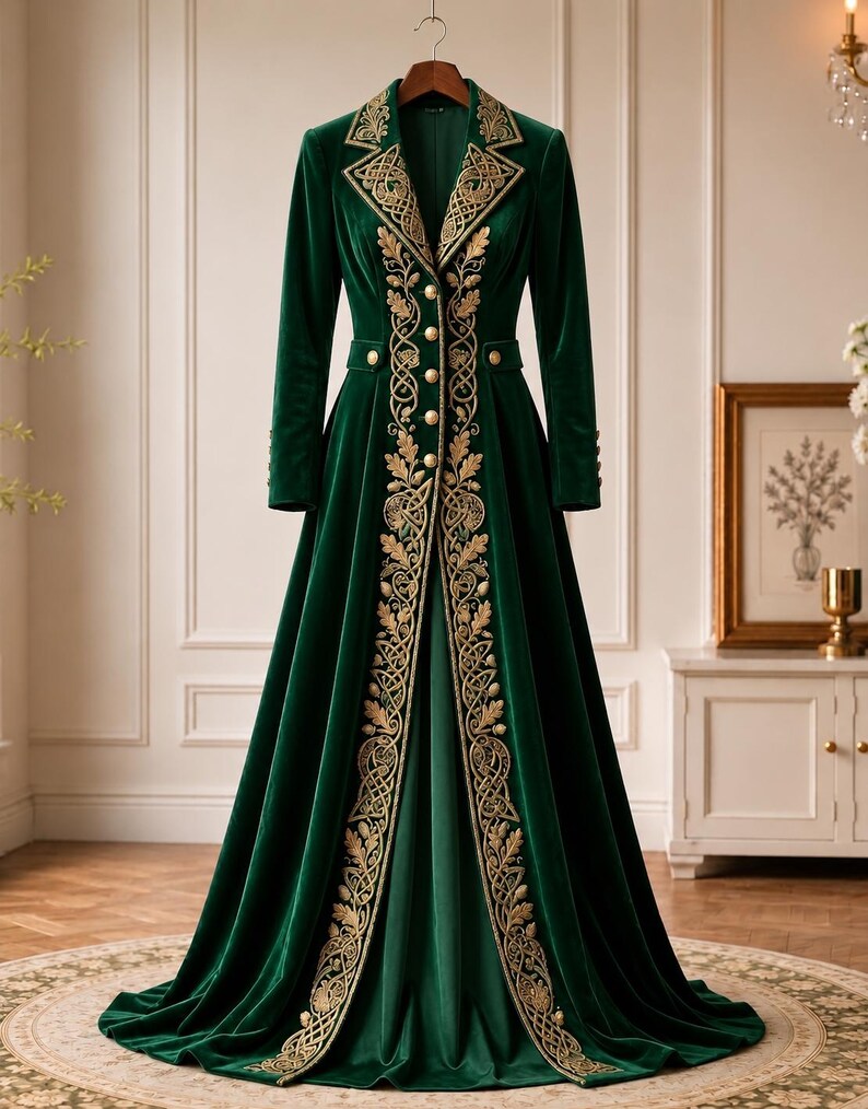 May include: A floor-length dark green velvet coat featuring long sleeves, a structured collar, and a row of gold buttons. The front panels are adorned with intricate gold embroidery depicting leaf and vine patterns that extend down the length.