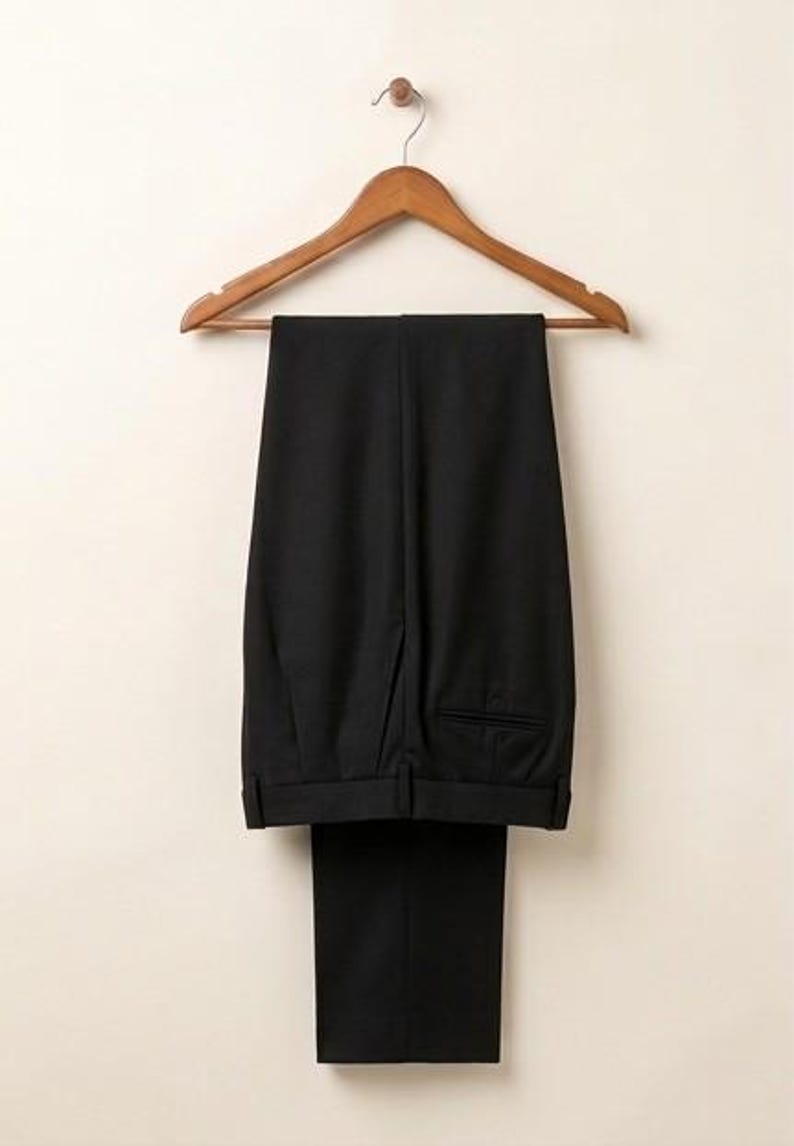 May include: A pair of solid black trousers featuring a structured waistband with belt loops, a clean front design, and a single visible welt pocket on the back. The trousers are displayed hanging on a wooden clothes hanger against a neutral background.