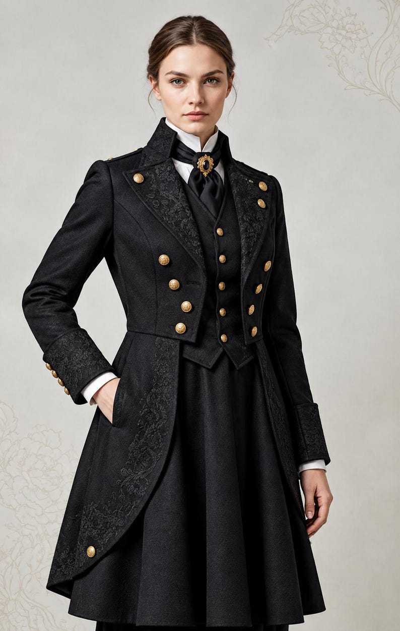 May include: A black long-sleeved coat with a high collar, featuring gold-toned buttons, intricate tonal embroidery on the lapels and cuffs, and a matching waistcoat worn over a white shirt with a black cravat secured by an ornate gold brooch.