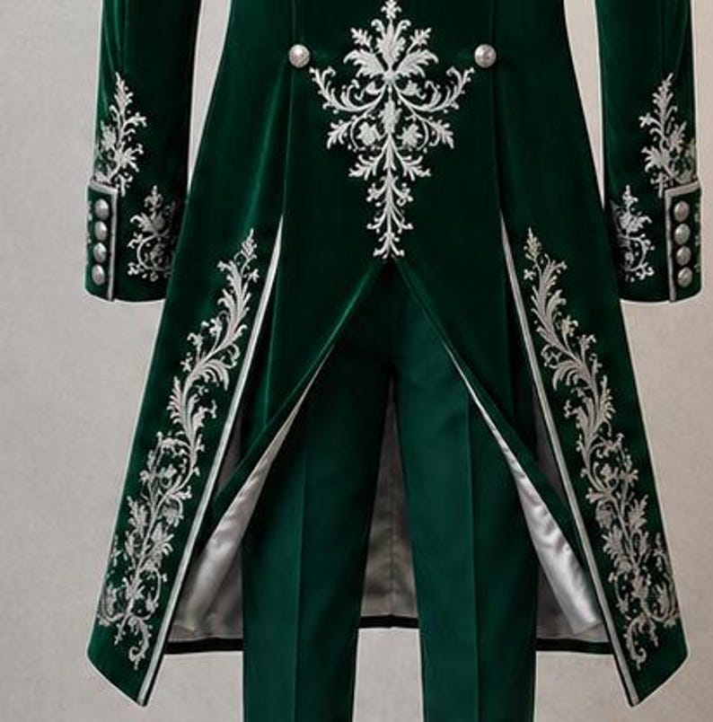 Puede incluir: Una levita de terciopelo verde oscuro con intrincados bordados plateados en los paneles frontales y pu&ntilde;os, combinada con pantalones verde oscuro a juego. La chaqueta incluye botones plateados y un forro claro visible en el dobladillo.