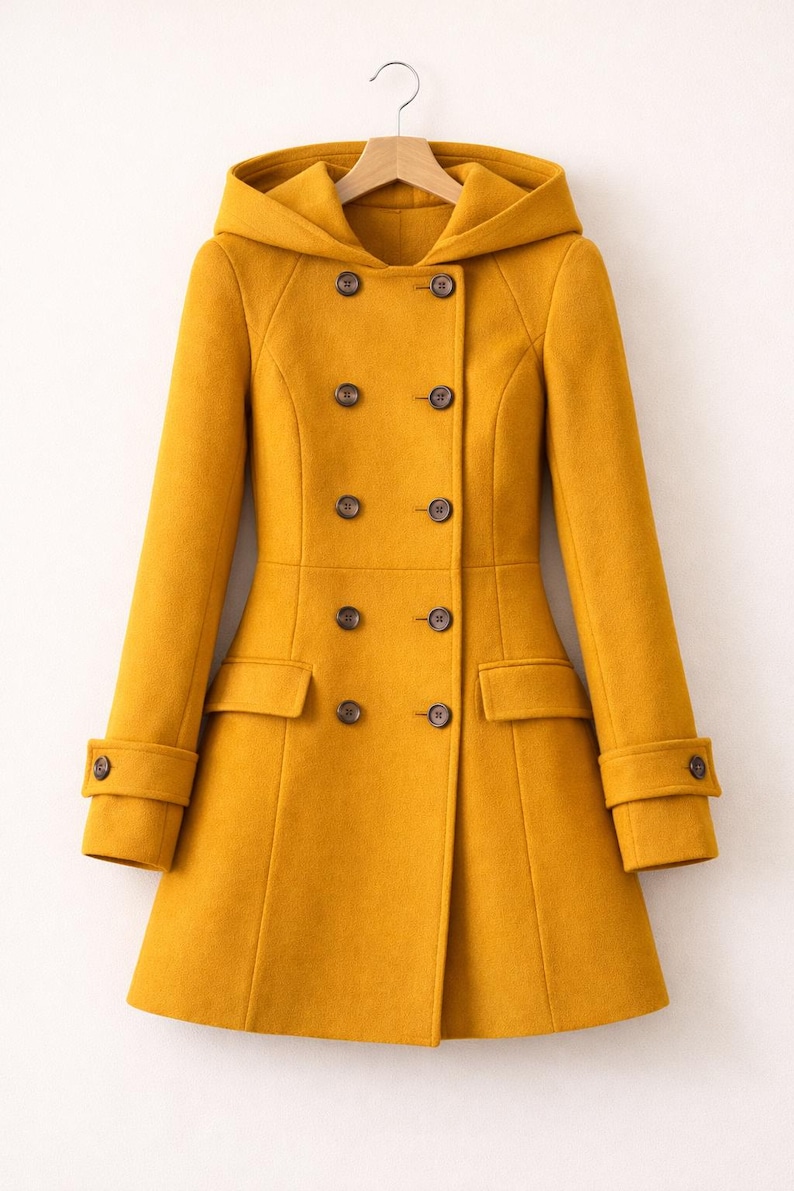 May include: A mustard yellow double-breasted coat featuring a hood, long sleeves with buttoned cuffs, and two rows of dark brown buttons down the front. The coat has a tailored waistline, two front flap pockets, and a smooth, solid-colored fabric.