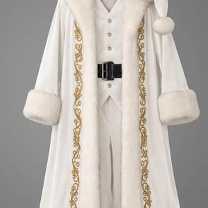 May include: A white long coat with thick white faux fur trim on the collar, cuffs, and hem, featuring gold embroidered scrollwork along the front edges. The coat is paired with a matching white vest, white trousers, and a white hat with a pom-pom.