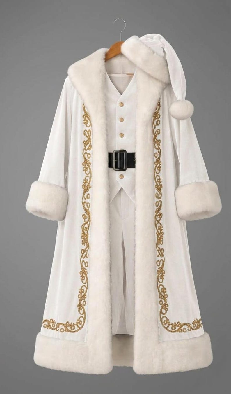 May include: A white long coat with thick white faux fur trim on the collar, cuffs, and hem, featuring gold embroidered scrollwork along the front edges. The coat is paired with a matching white vest, white trousers, and a white hat with a pom-pom.