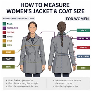 May include: An instructional diagram titled HOW TO MEASURE JACKET & COAT SIZE showing front and back views of a person wearing a grey double-breasted coat. Color-coded labels indicate measurement zones for neck, shoulder, sleeve, waist, bust, and hips.