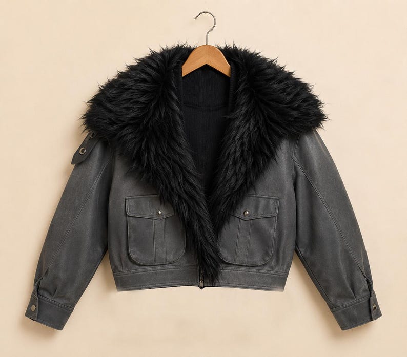 May include: A charcoal gray cropped jacket featuring a large black faux fur collar, a front zipper closure, two chest pockets with buttoned flaps, and long sleeves with buttoned cuffs, all displayed on a wooden hanger against a neutral background.