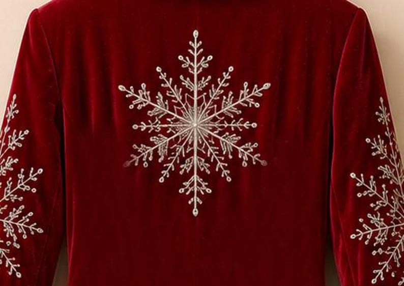 May include: A deep red velvet blazer featuring large, intricate silver embroidered snowflake patterns centered on the back and extending across the sleeves. The embroidery consists of fine, detailed lines forming a classic six-pointed star design.