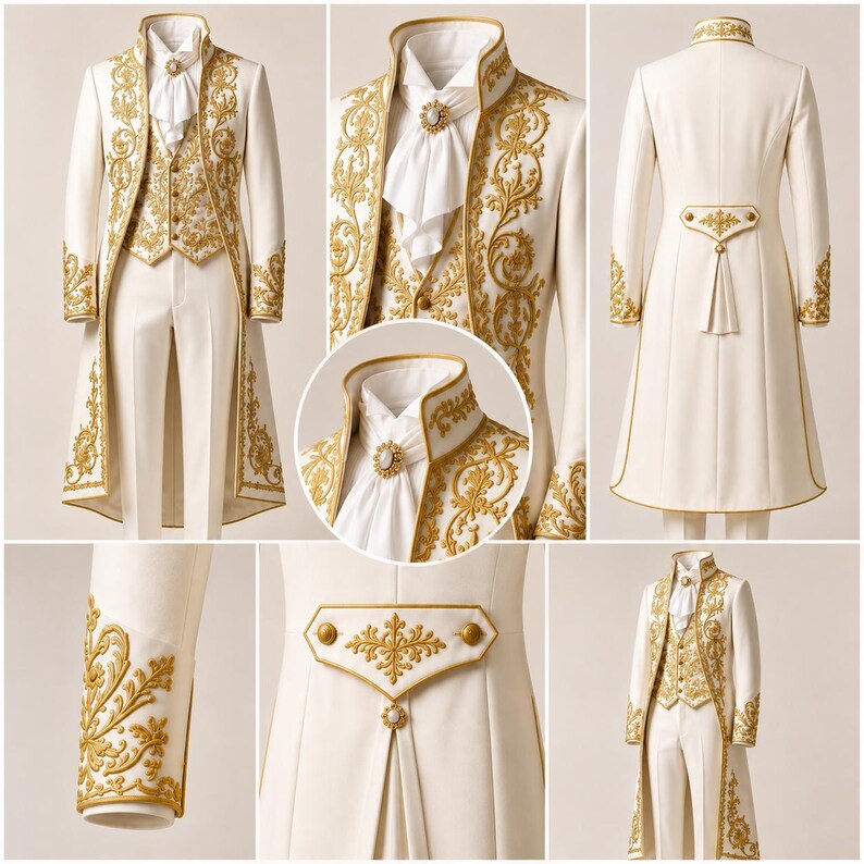 May include: A white tailcoat suit featuring intricate gold embroidery, a matching vest, and white trousers. The ensemble includes a white cravat with a central jeweled brooch, gold-trimmed cuffs, and a decorative back panel with gold accents.