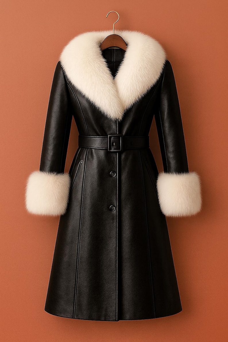 May include: A black leather coat with a white fur collar and cuffs. The coat has a belt at the waist and buttons down the front. The coat is hanging on a wooden hanger against a solid orange background. A stylish winter coat.