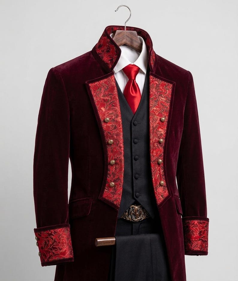 Puede incluir: Un abrigo largo de terciopelo color burdeos intenso con cuello alto, solapas de brocado floral rojo y pu&ntilde;os a juego. Se lleva sobre un chaleco negro con botones dorados, una camisa blanca de cuello, una corbata roja y pantalones negros.