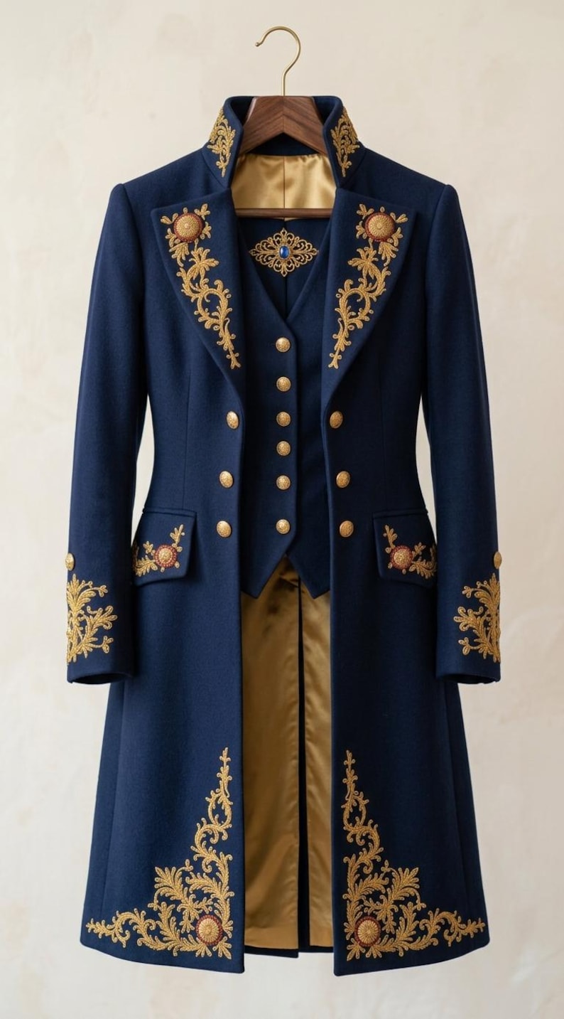 Pode incluir: Um casaco comprido azul-marinho com bordados dourados e colete a condizer. O casaco apresenta uma gola alta, bot&otilde;es dourados e detalhes intrincados em fio dourado nas lapelas, punhos e bainha. Um forro de cetim dourado &eacute; vis&iacute;vel no interior.