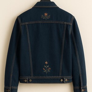 May include: A dark blue denim jacket featuring a classic collar, long sleeves with buttoned cuffs, and two adjustable button tabs at the hem. The back displays two small, embroidered floral motifs in orange and green thread centered vertically.