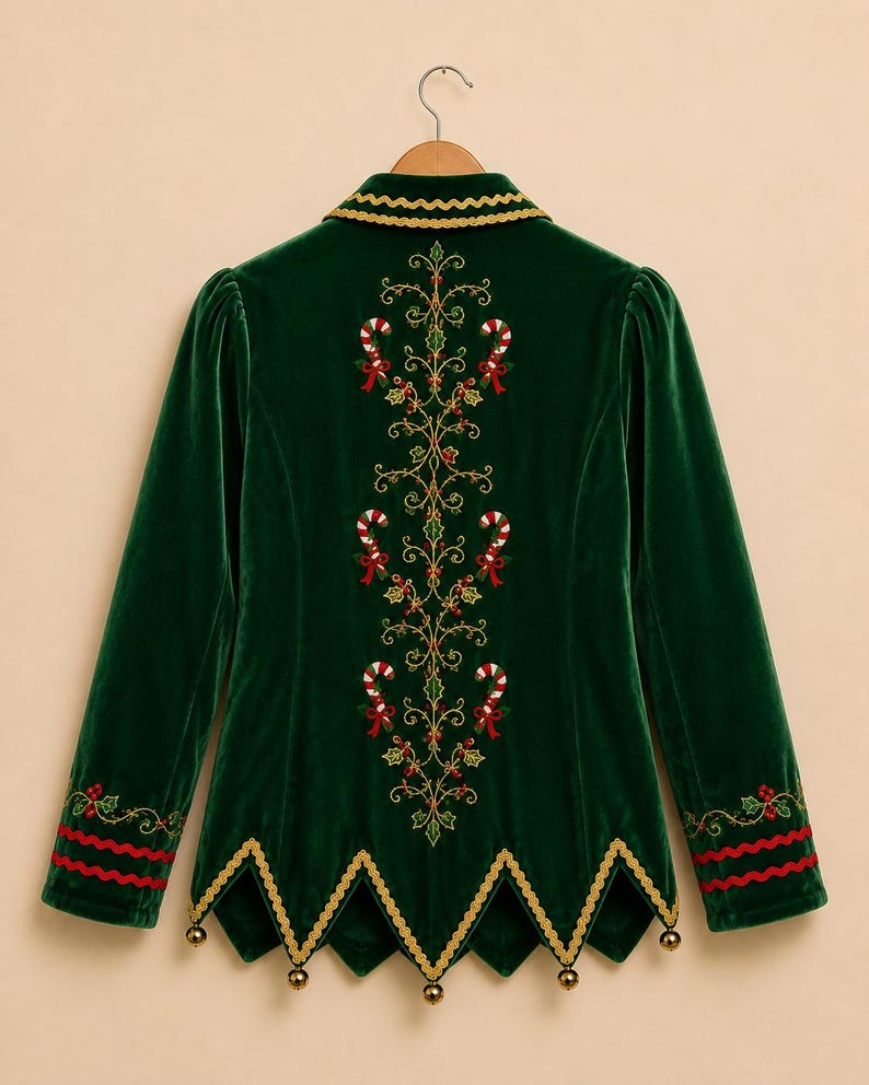 Puede incluir: Una chaqueta de terciopelo verde oscuro con un dobladillo puntiagudo y peque&ntilde;as campanas doradas. La espalda presenta un intrincado bordado dorado, bastones de caramelo rojos y blancos y hojas de acebo. El cuello y el dobladillo tienen ribetes dorados.