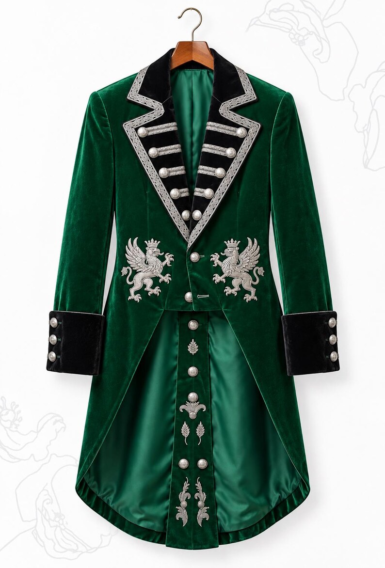 May include: A deep green velvet tailcoat featuring black velvet lapels and cuffs, adorned with silver metallic embroidery of crowned griffins on the front panels. The garment includes silver-toned buttons along the lapels, cuffs, and center front.