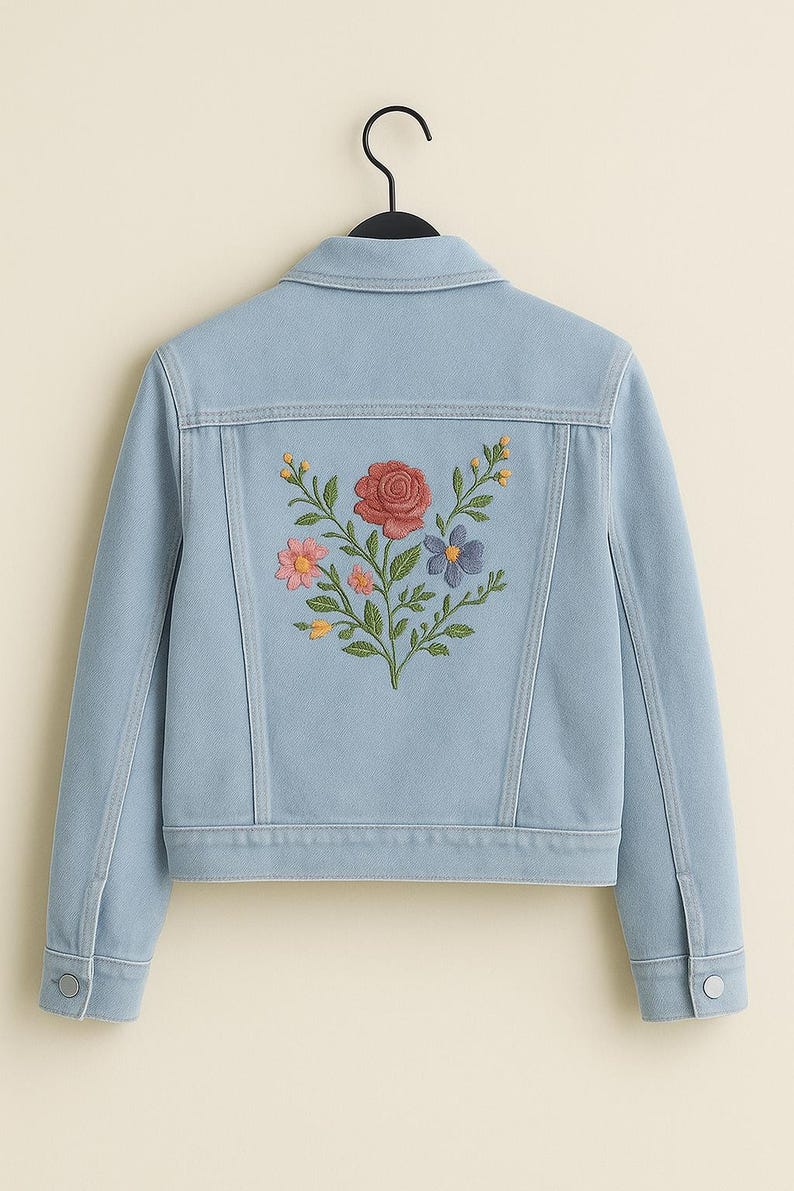 May include: A light blue denim jacket featuring a back panel embroidered with a floral arrangement of a large red rose, a pink flower, a blue flower, and small yellow buds with green leaves, complete with a collar, long sleeves, and metal buttons.