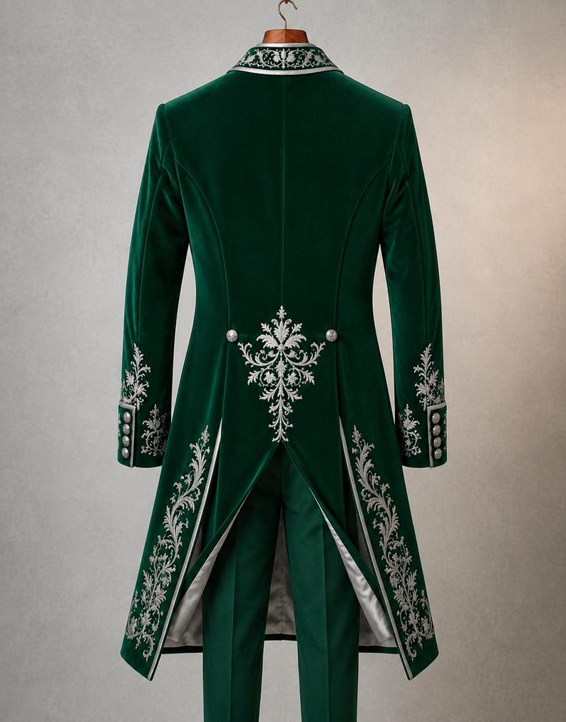 Puede incluir: Una levita de terciopelo verde oscuro con intrincados bordados plateados en el cuello, los pu&ntilde;os y los paneles traseros. El abrigo incluye botones plateados en la cintura y un dise&ntilde;o de espalda abierta, junto a un pantal&oacute;n verde a juego.