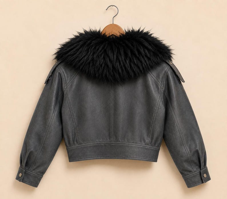 May include: A charcoal gray jacket featuring a prominent black faux fur collar. The jacket has long sleeves with buttoned cuffs, shoulder epaulets, and a cropped hemline. The back panel displays vertical seam detailing and a structured waistband.