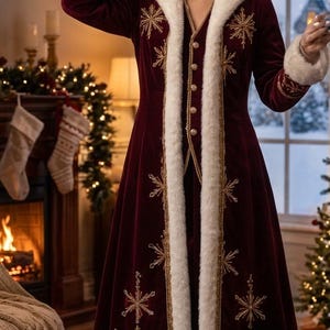Pu&ograve; includere: Un cappotto lungo fino ai piedi in velluto bordeaux con bordo in pelliccia sintetica bianca su colletto, polsini e orlo. Il cappotto &egrave; decorato con motivi a fiocco di neve ricamati in filo dorato e presenta una chiusura frontale con bottoni dorati.