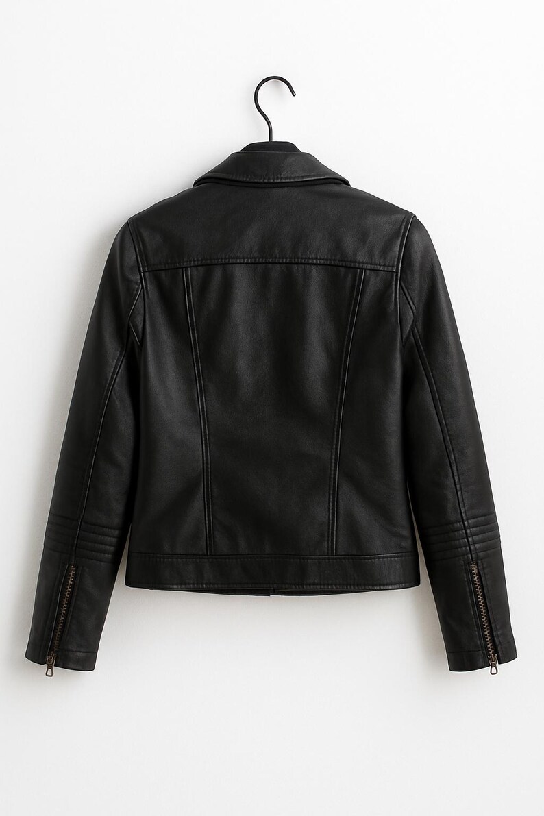 May include: Black faux leather jacket with a classic collar and zipper details. The back of the jacket is visible, showcasing vertical seams and a tailored fit. The jacket is hanging on a black hanger against a white background.