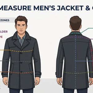 May include: An instructional diagram titled HOW TO MEASURE JACKET & COAT SIZE showing front and back views of a figure wearing a dark coat. Colored lines and labels indicate measurement zones including chest, waist, seat, neck, shoulder, sleeve, back length, and hips.