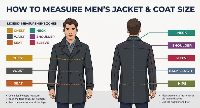 May include: An instructional diagram titled HOW TO MEASURE JACKET & COAT SIZE showing front and back views of a figure wearing a dark coat. Colored lines and labels indicate measurement zones including chest, waist, seat, neck, shoulder, sleeve, back length, and hips.
