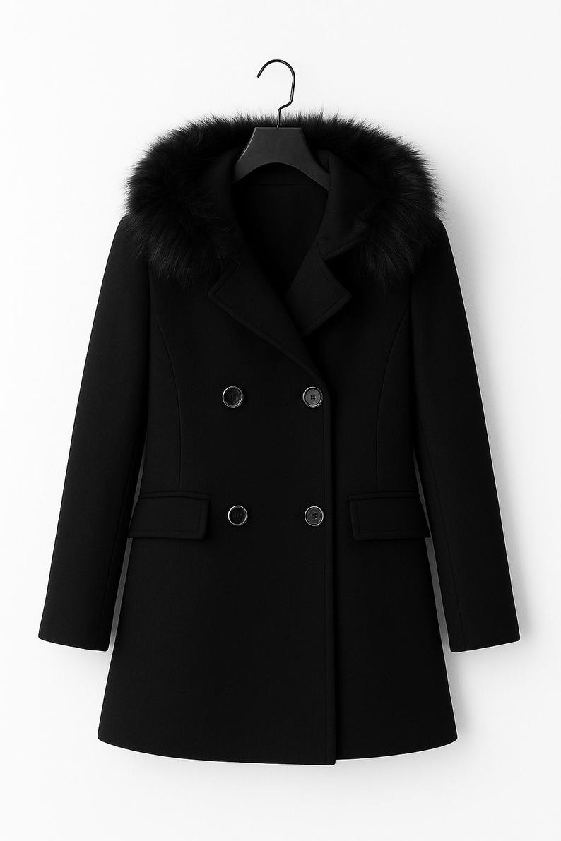 May include: A black double-breasted coat with a faux fur collar. The coat has two rows of buttons, two front pockets, and a classic tailored design. The coat is hanging on a black hanger.
