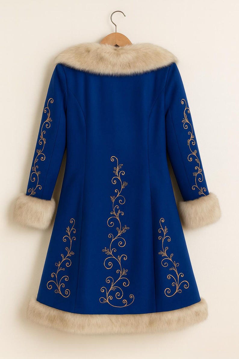 May include: A royal blue coat featuring a beige faux fur collar, cuffs, and hem. The coat is decorated with gold-colored swirling floral embroidery patterns along the sleeves and down the center back, hanging on a wooden hanger.