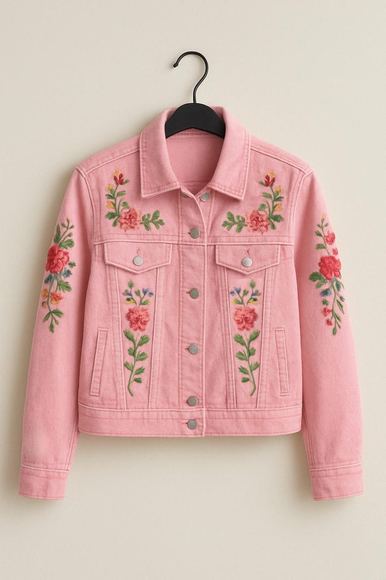 Puede incluir: Chaqueta vaquera rosa claro con bordados florales. La chaqueta presenta un dise&ntilde;o cl&aacute;sico con cierre de botones, dos bolsillos en el pecho y flores bordadas en rojo, rosa y verde.