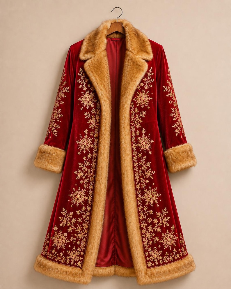May include: A long, deep red velvet coat featuring gold embroidered snowflake patterns along the front panels and sleeves. The coat is trimmed with tan faux fur along the wide lapels, sleeve cuffs, and the bottom hem, hanging on a wooden hanger.
