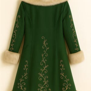 May include: A forest green coat featuring long sleeves, a beige faux fur collar, beige faux fur sleeve cuffs, and a beige faux fur hem. The coat is decorated with gold embroidered swirling vine patterns along the center and sleeves.