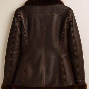 May include: A brown leather jacket with a faux fur collar and cuffs. The jacket is hanging on a wooden hanger. The back of the jacket is visible, showing the seams and stitching details.
