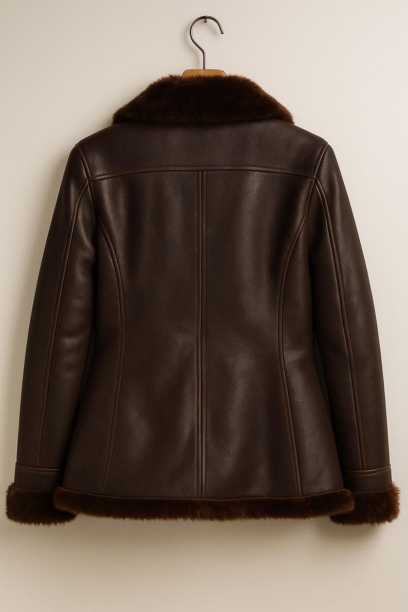 May include: A brown leather jacket with a faux fur collar and cuffs. The jacket is hanging on a wooden hanger. The back of the jacket is visible, showing the seams and stitching details.
