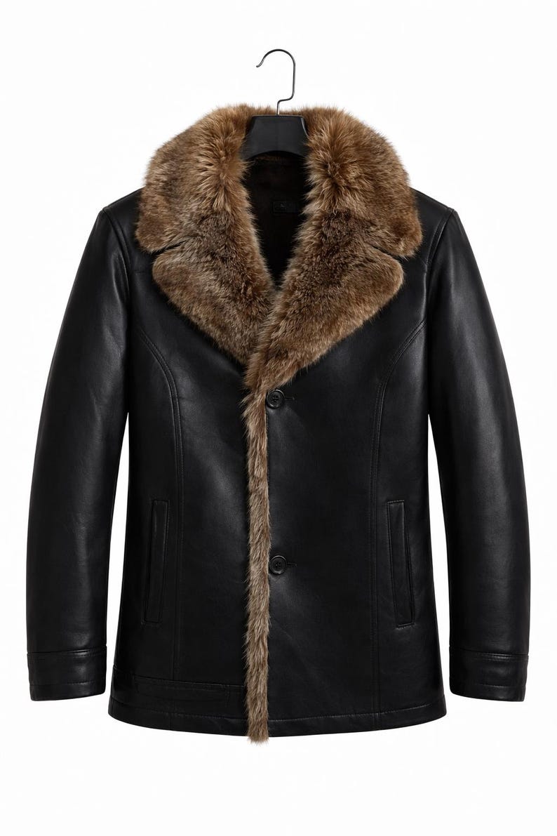 Classic Men Leather Jacket | Warm Black Winter Coat with Faux Fur Collar image 1